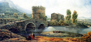 Una pittura di Lorrain che raffigurante Ponte Lucano e il sepolcro dei Plautii