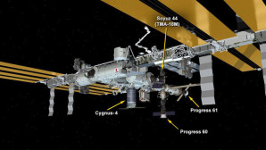 Una immagine della Iss dove sono riportate le indicazioni di 4 veicoli spaziali ormeggiati alla stazione orbitale. Il laboratorio scientifico, avamposto umano nello Spazio, compie quest'anno 17 anni dal suo primo assemblaggio avvenuto 20 novembre del 1998