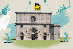 La foto della facciata della Basilica di Collemaggio in una ricostruzione  grafica che ricorda lo stile immaginario di Michel Folon, l'artista belga che negli anni 90 collaborava con la campagna pubblicitaria dell'Eni per lo sviluppo del metano