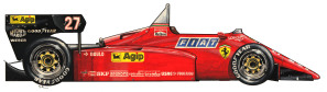 PROFILO_F84     La Ferrari 126 C4 del 1984 di Michele Alboreto. Si nota la posizione del pilota molto avanzata e all'epoca i motori fecere un gran balzo avanti per quanto riguardava la potenza. Per ridurre il peso della vettura si cominciò a fare un largo uso dei freni a disco in fibra di carbonio. Con questa vettura l'indimenticato pilota milanese vinse a Zolder, unica vittoria della stagione, contro lo strapotere della McLaren.