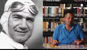 Un primo piano di Ralph De Palma in tenuta da pilota e il regista del film Antonio Silvestre